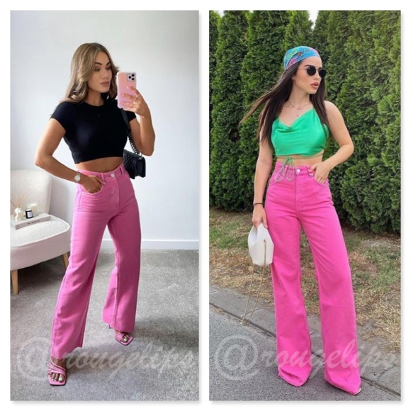 90s Style Pink Wide Leg Jeans High Waist Raw Hem - Picture 7 of 14